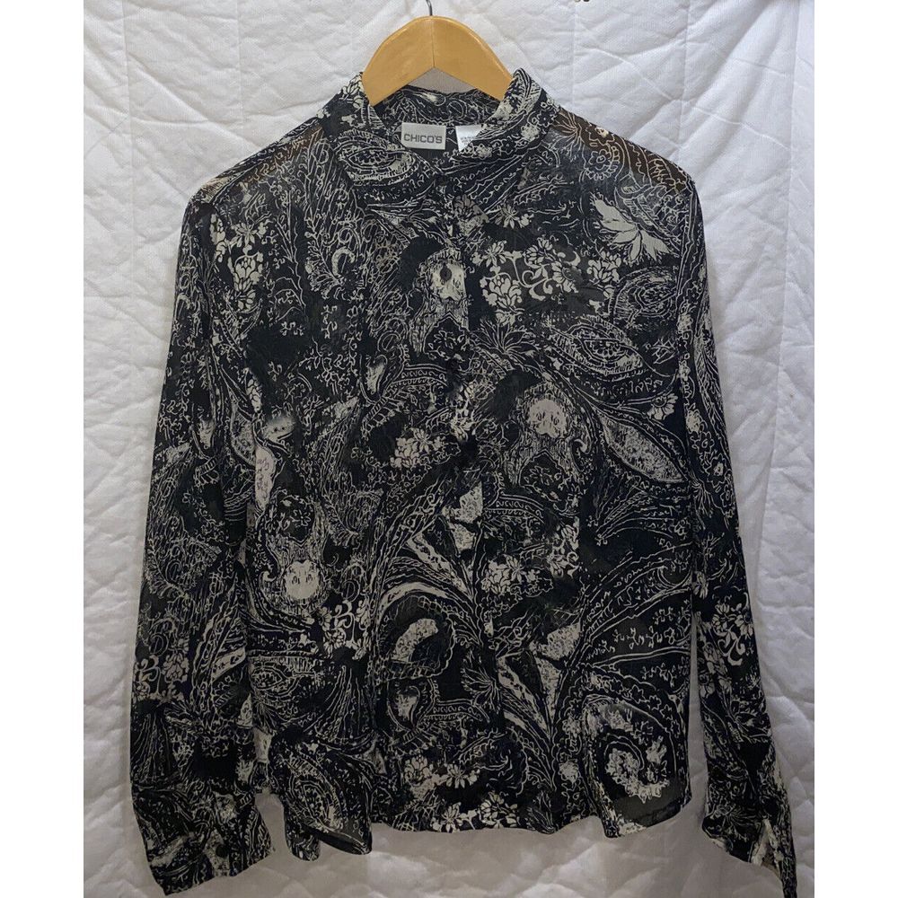 Chico's Long Sleeve Black Lace Button-Down Top/Blouse/Top Size 1‎